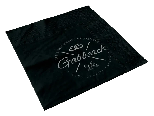 Black paper napkin printed with a restaurant logo